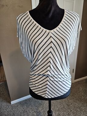 Striped V-Neck Dolman Sleeve Top - White & Black